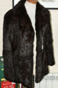 A DARK BROWN FUR JACKET AND TWO BOXES OF CHRISTMAS BAUBLES, to include a French made coney fur