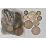 A BAG OF ASSORTED COINS, to include three half crowns, 1957, 1960 and 1961, a small assortment of