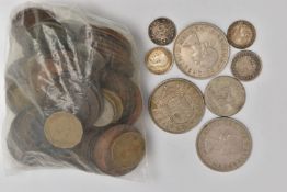 A BAG OF ASSORTED COINS, to include three half crowns, 1957, 1960 and 1961, a small assortment of