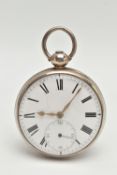A SILVER OPEN FACE POCKET WATCH, key wound movement, Roman numerals, subsidiary dial at the six o'