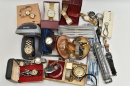 A BOX OF ASSORTED WRISTWATCHES AND PENS, to include a Seiko kinetic titanium, a Seiko automatic,