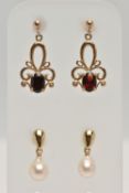 TWO PAIRS OF GEM EARRINGS, the first designed as a cultured pearl drop suspended from a pear shape