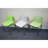 A SET OF TEN PLASTIC STACKABLE CHAIRS, made by Twins group of Italy, in two colours, six in green,