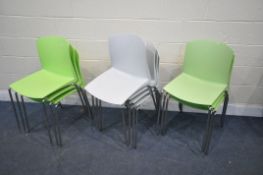 A SET OF TEN PLASTIC STACKABLE CHAIRS, made by Twins group of Italy, in two colours, six in green,