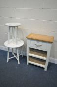 A PAINTED AND OAK SIDE TABLE, with a single drawer, and two baskets, width 55cm x depth 32cm x