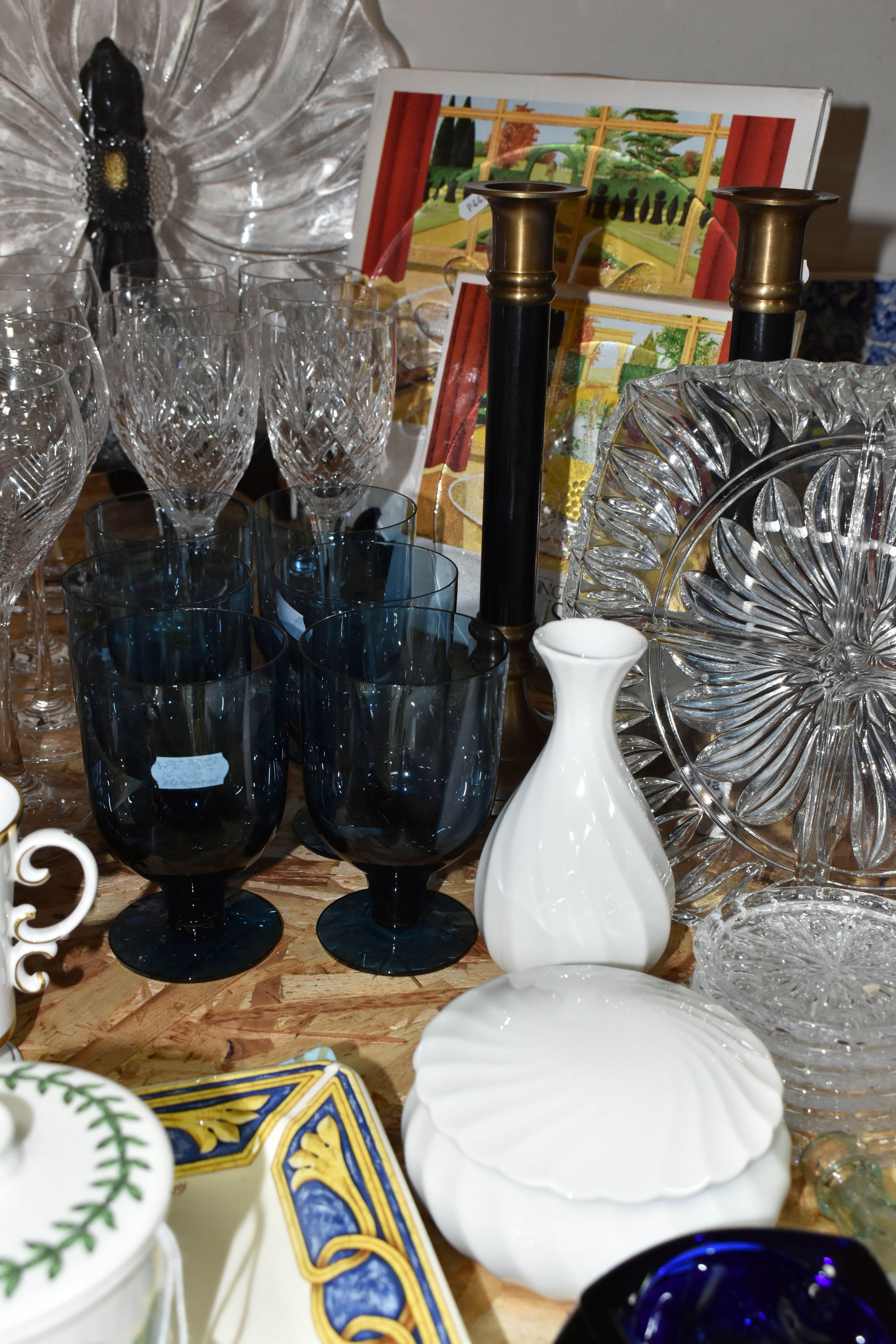 A GROUP OF GLASS WARES, CERAMICS AND A PAIR OF CANDLESTICKS, to include six dark blue Wedgwood - Image 6 of 7