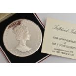 A CASED 100TH ANNIVERSARY OF SELF SUFFICIENCY FALKLAND ISLANDS SILVER PROOF COIN, with information