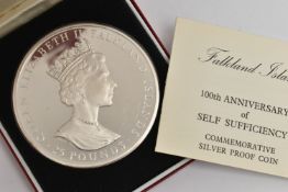 A CASED 100TH ANNIVERSARY OF SELF SUFFICIENCY FALKLAND ISLANDS SILVER PROOF COIN, with information