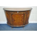 A REPRODUCTION BURR WALNUT DEMI LUNE SIDEBOARD, quarter veneer panels, with a single door, on