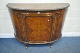 A REPRODUCTION BURR WALNUT DEMI LUNE SIDEBOARD, quarter veneer panels, with a single door, on