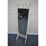 A PAINTED WROUGHT IRON CHEVAL MIRROR, width 73cm x height 180cm, along with a wrought iron stool (