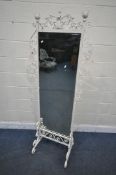 A PAINTED WROUGHT IRON CHEVAL MIRROR, width 73cm x height 180cm, along with a wrought iron stool (