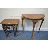 A WALNUT NEST OF THREE TABLES, along with a walnut demi lune hall table (condition report: surface