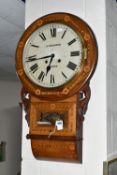 A LATE 19TH CENTURY WALNUT AND INLAID DROP CASE WALL CLOCK, the painted circular 28cm dial with