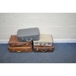 A SELECTION OF VINTAGE LUGGAGE, to include three brown leather cases, a blue case, and another