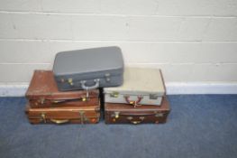 A SELECTION OF VINTAGE LUGGAGE, to include three brown leather cases, a blue case, and another