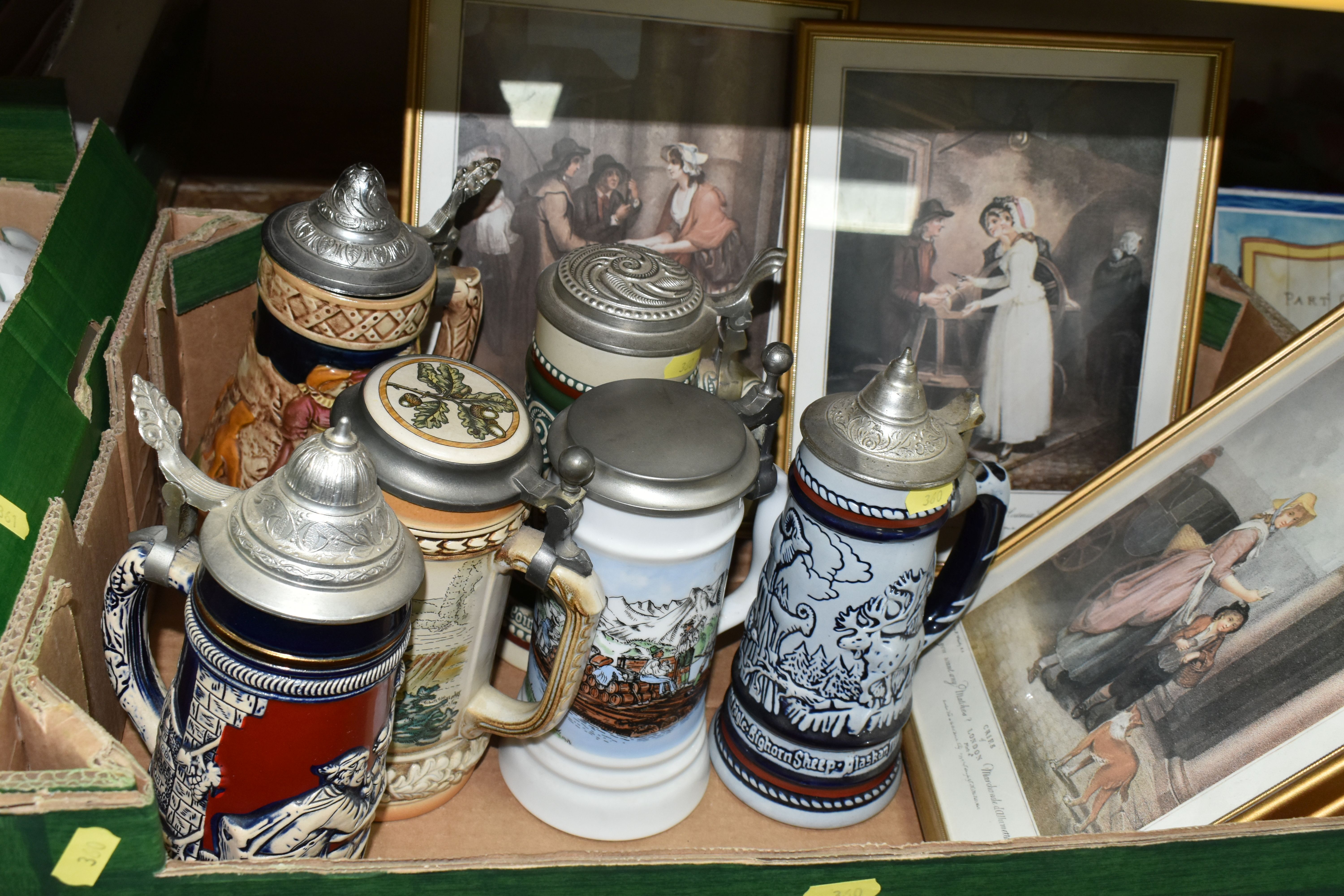 TWO BOXES OF VINTAGE CAMERAS, BEER STEINS AND TWO SNOOKER CUES, to include a Zenit EM camera made in - Image 7 of 7