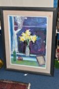 WAGNER (20TH CENTURY) A CONTEMPORARY STILL LIFE STUDY, depicting a vase of daffodils in front of a