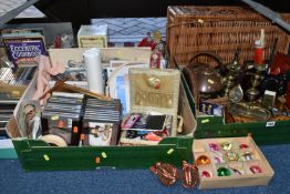 FIVE BOXES OF METALWARE, CD'S AND MISCELLANEOUS SUNDRIES, to include a box of eleven vintage