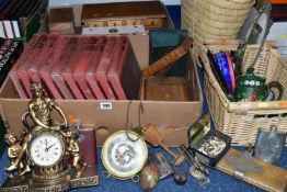 TWO BOXES AND TWO BASKETS OF BOOKS, CLOCKS AND SUNDRY ITEMS, to include a Juliana figural mantel