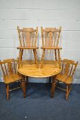 A PINE DROP LEAF KITCHEN TABLE, width 107cm x closed depth 68cm x height 76cm, and four chairs (