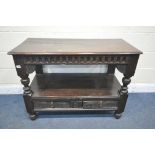 A GEORGIAN CARVED OAK SIDE UNIT, made up of two tiers, united by turned and block uprights, having