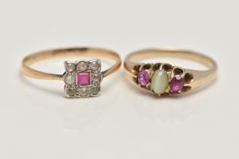 TWO GEM SET RINGS, the first designed as a central square ruby within a colourless sapphire