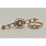 AN AQUAMARINE AND SEED PEARL RING AND BROOCH, oval cut aquamarine collet set with two seed pearls,