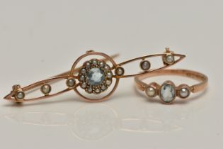 AN AQUAMARINE AND SEED PEARL RING AND BROOCH, oval cut aquamarine collet set with two seed pearls,