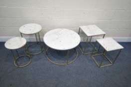 A MABLE TOP CIRCULAR COFFEE TABLE, diameter 72cm x height 42cm, a matching pair of circular