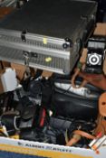 TWO BOXES OF VINTAGE CAMERAS AND EQUIPMENT, to include an aluminium photographic equipment case, a