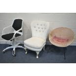 A MID CENTURY WOVEN SATALITE CHAIR, along with a cream buttoned bedroom chair, and a swivel