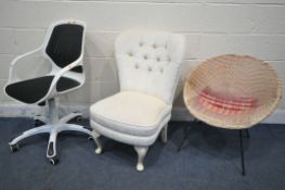 A MID CENTURY WOVEN SATALITE CHAIR, along with a cream buttoned bedroom chair, and a swivel