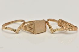 FOUR 9CT GOLD RINGS, to include a yellow gold square signet, ring size T, two wishbone style