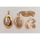 THREE 9CT GOLD LOCKETS, three oval lockets varying in size, two suspended from fine trace chains,