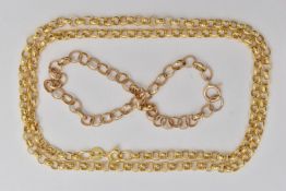 A 9CT GOLD CHAIN NECKLACE AND A YELLOW METAL CHAIN BRACELET, yellow gold belcher link chain