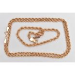 A 9CT GOLD CHAIN NECKLACE AND BRACELET, a rose gold rope chain necklace, fitted with a spring clasp,