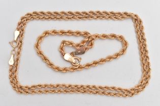A 9CT GOLD CHAIN NECKLACE AND BRACELET, a rose gold rope chain necklace, fitted with a spring clasp,