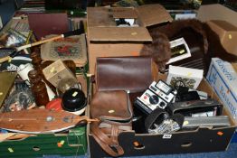 THREE BOXES AND LOOSE MISCELLANEOUS SUNDRIES, to include a Bakelite Bush radio, a chess set, two fox