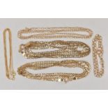 AN ASSORTMENT OF 9CT AND YELLOW METAL CHAINS, two matching double curb link chain necklaces,