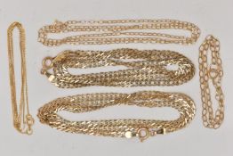 AN ASSORTMENT OF 9CT AND YELLOW METAL CHAINS, two matching double curb link chain necklaces,