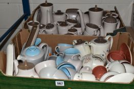 TWO BOXES OF POOLE POTTERY, to include assorted twin-tone colours 'Sepia and Mushroom', 'Red