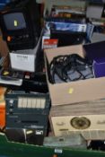 THREE BOXES OF ELECTRICAL SUNDRIES AND RADIOS, to include a Sony PlayStation and controller, a boxed