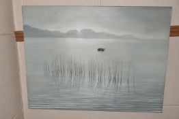 RONALD WONG (20TH CENTURY) FISHING BOAT AND REEDS, a water landscape depicting a Chinese style