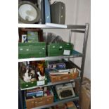 EIGHT BOXES AND LOOSE MISCELLANEOUS SUNDRIES, to include a brass ship's light, ornaments, framed