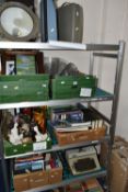 EIGHT BOXES AND LOOSE MISCELLANEOUS SUNDRIES, to include a brass ship's light, ornaments, framed