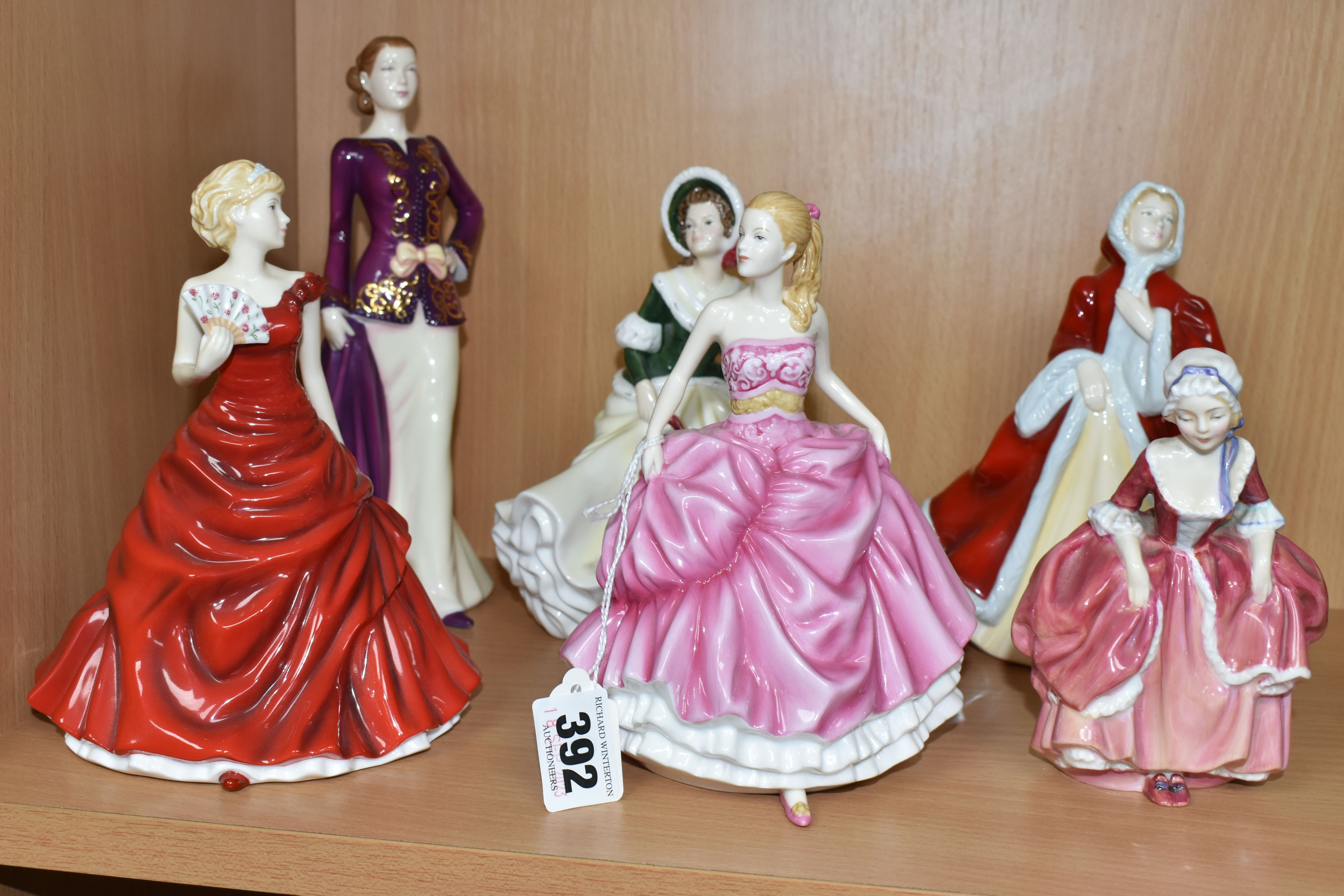 SIX ROYAL DOULTON FIGURINES, comprising Pretty Ladies: Amelia HN5440, Madeline HN5513, Christmas Day
