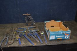A TRAY CONTAINING RECORD TOOLS comprising of a No92 pipe clamp, a 10in, a 18in and three 14in