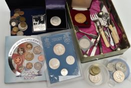 A TIN CONTAINING 19TH AND 20TH BRITISH AND FOREIGN COINAGE AND SILVER PLATED FLATWARE, including a