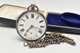 A LATE VICTORIAN SILVER OPEN FACE POCKET WATCH AND ALBERT CHAIN, key wound, round white dial,